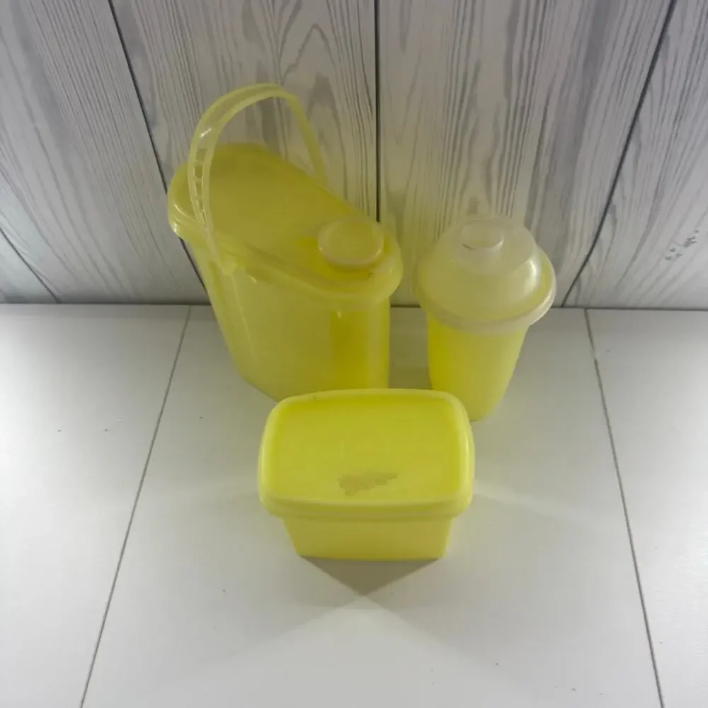 VTG Yellow Tupperware Lot of 3 - 2 Beverage & Storage w/ Lids 1243, 587, 844